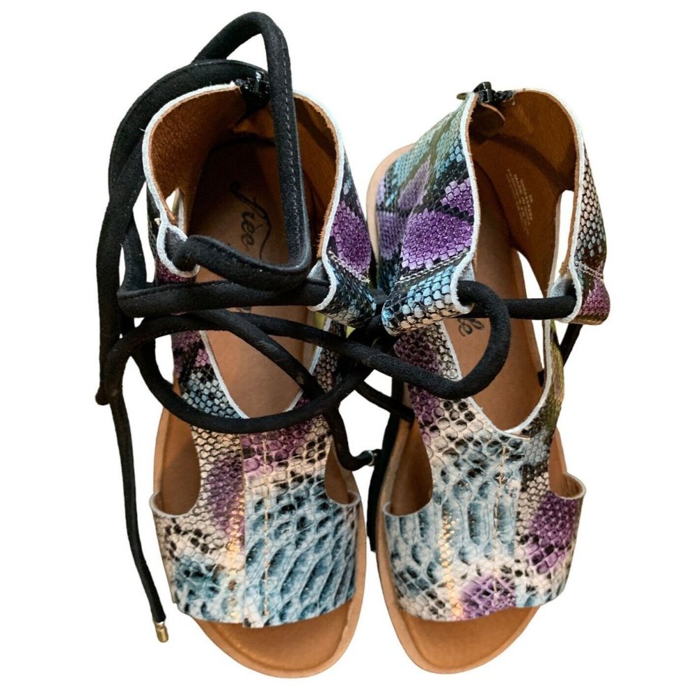 Free People Aubrey Wrap Sandal Snakeskin Black Purple Blue Tie Zipper Heel 38/8 - Picture 3 of 5